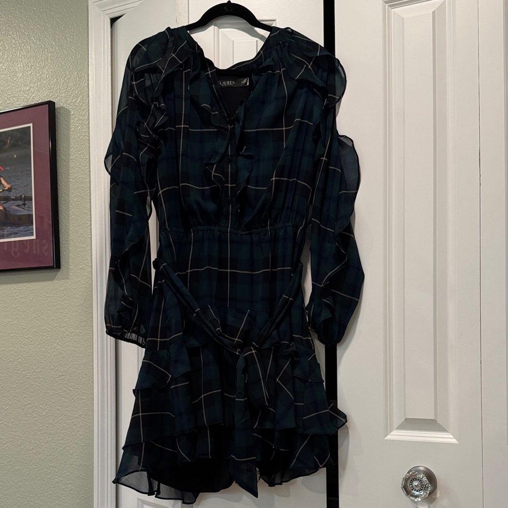 Lauren Ralph Lauren Dark Green Plaid Ruffle-Skirt Long Sleeve Dress